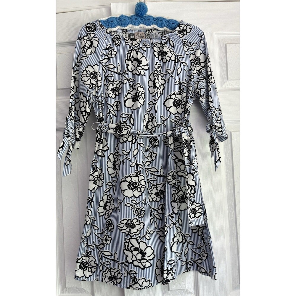 Como Vintage Blue And White off-shoulder Floral And Striped Dress size S Boho